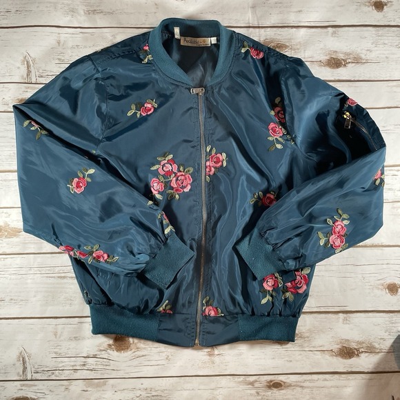 Available by Angela Fashion Embroidered Satin Bomber Jacket Floral Rose Size Med - Picture 3 of 9
